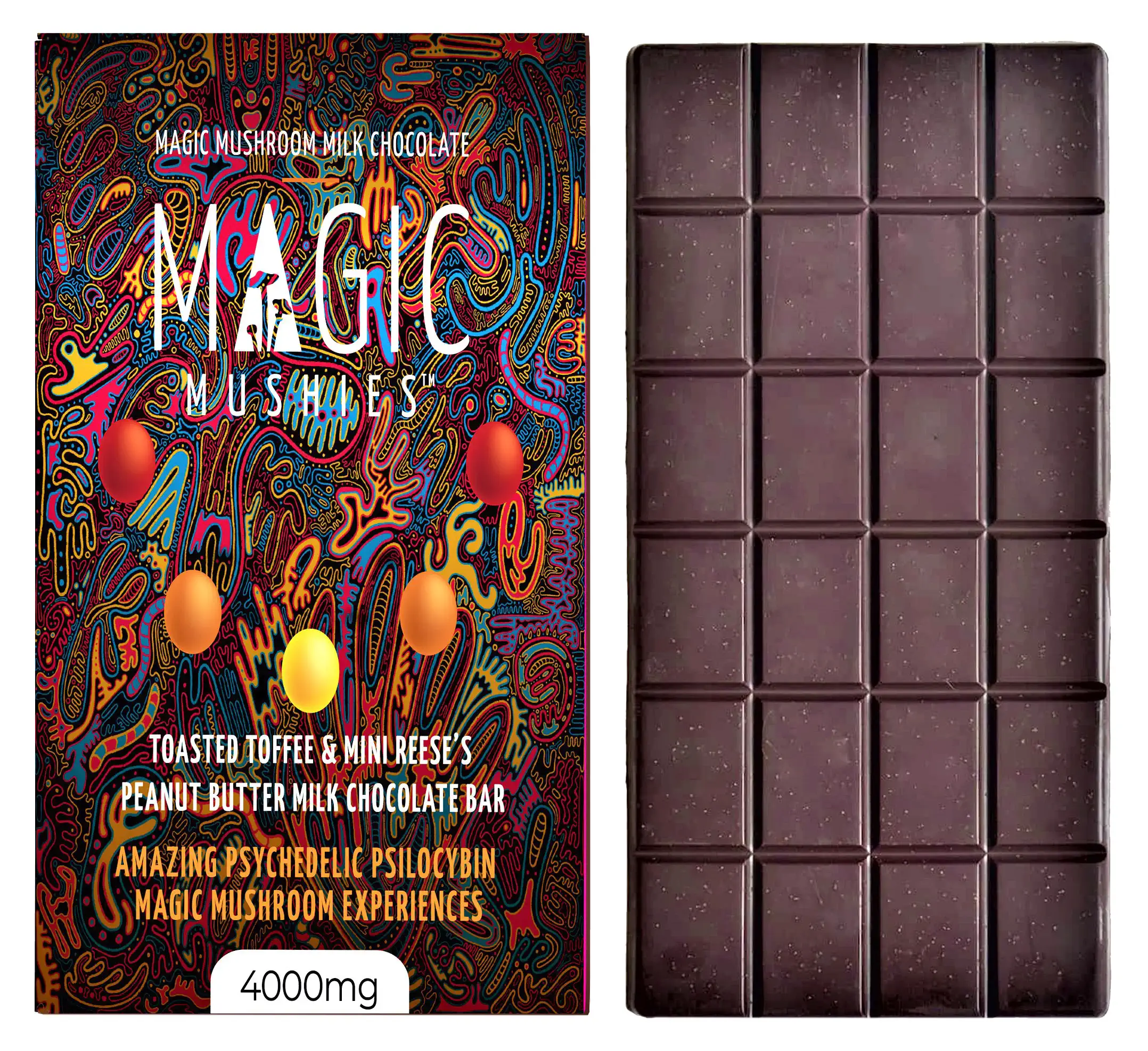 Magic-Mushroom-Toasted-Toffee-Mini-Reese-Milk-Chocolate-Bar-Box-Front-with-Bar.webp Magic Mushroom Toffee Chocolate Bar